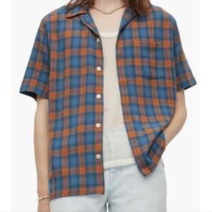 All Saints Blue and Orange Plaid Casual Button Down Shirt